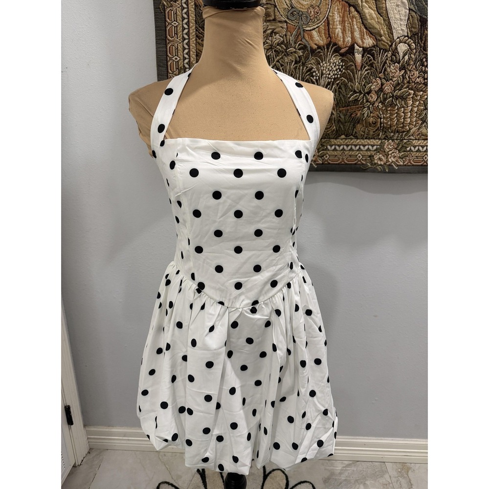 Harimea Dress Womens Small White Black Polka Dot Halter Bubble Hem Fit Flare